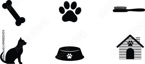Black and white dog icons and pet accessories