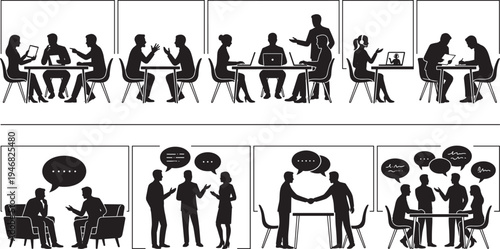 Business meeting discussion silhouette set, teamwork communication brainstorming negotiation handshake office people collaboration vector illustration