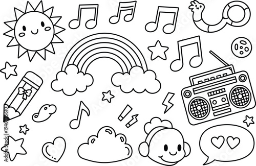 Colorful illustration of a smiling sun, rainbow, and various whimsical objects