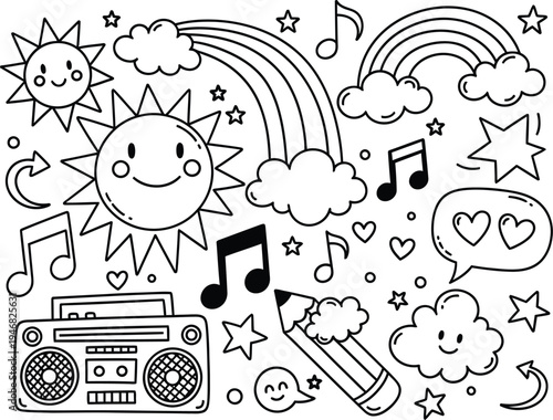 Colorful illustration of sun, rainbow, music, and clouds for kids