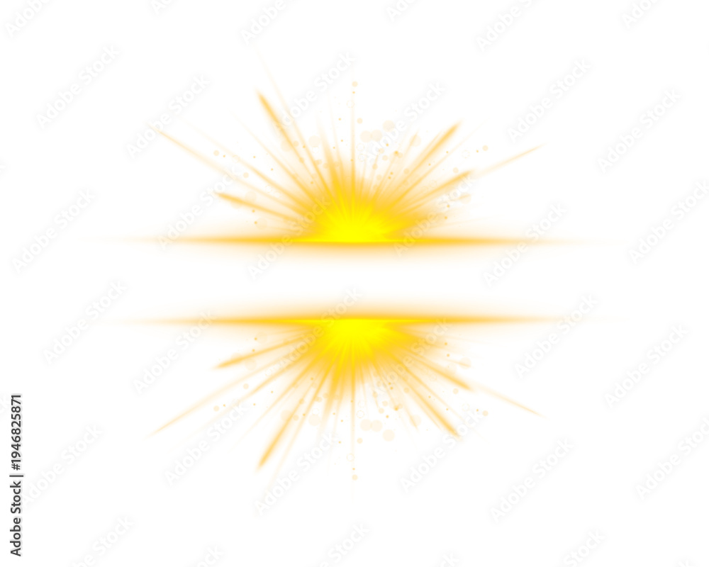 Fototapeta premium Yellow light burst glows with neon flashes, sparkling stars, and radiant energy beams. Bright luminous waves drift around a warm glowing explosion. Transparent PNG enhances digital motion graphics.