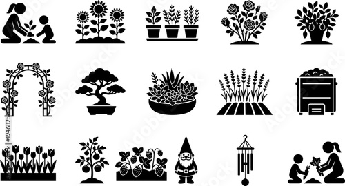 Collection of gardening and plant-related icons, featuring various plants, garden elements, and people gardening.