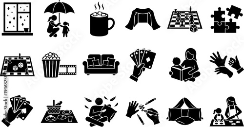 Collection of indoor activities and leisure time icons for home entertainment.