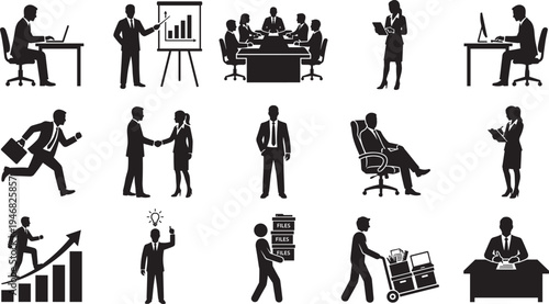 Business people silhouettes collection, office meeting presentation teamwork success corporate professional workplace vector set