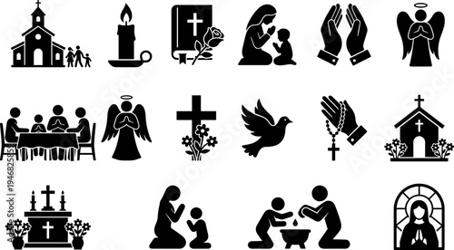 Collection of Christian religious symbols and icons in black and white.