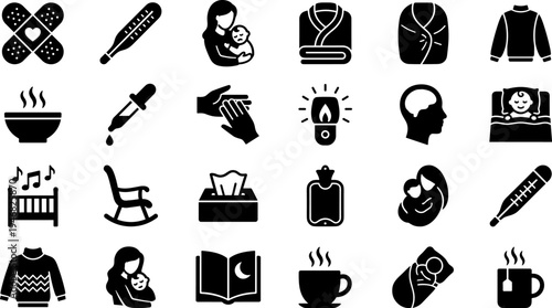 Collection of various black and white icons related to illness and comfort.