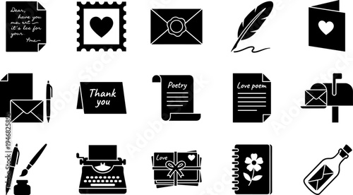 Collection of various mail and letter related icons in black silhouette.