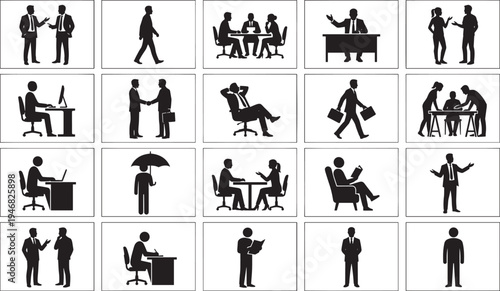 Business people silhouettes collection, office work meeting communication teamwork professional corporate lifestyle vector set