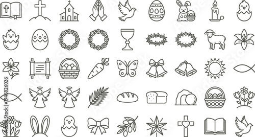 Easter and Christian religious symbols line art collection, featuring various icons representing faith and spring holidays.