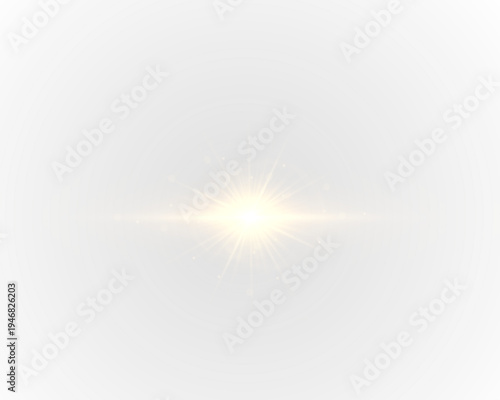 Yellow radiant sun flare shines with glowing spark particles and warm light waves. Bright lens reflections appear around the shining center. Soft luminous glow fills the space.
