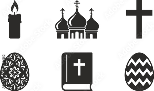 Orthodox Christian religious symbols set including church, cross, candle, and Easter eggs.