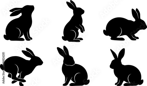 Collection of six black rabbit silhouettes in various poses.
