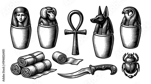 Ancient Egyptian artifacts on display include mummified animals, symbols, and relics.