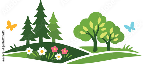 Vector illustration of a green tree with flowers and leaves, decorated with stars and snow, representing nature and seasonal celebrations like spring, summer, and Christmas