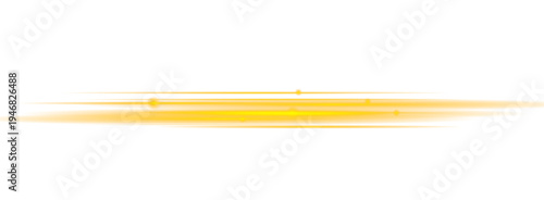 Neon yellow flare beam shines with glowing halo and sparkling dust. Light streak stretches horizontally across transparent background. Stylish illumination effect.