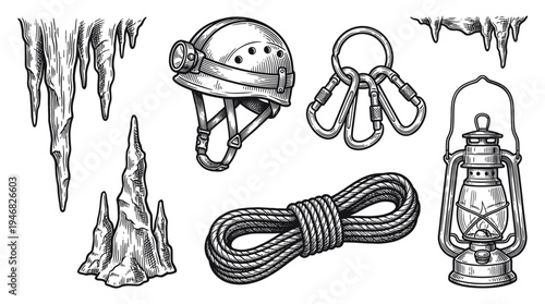 Miner's gear and tools on a rugged terrain with icicles and a lantern