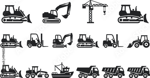 Construction machinery silhouettes set, excavator bulldozer crane forklift tractor dump truck industrial equipment vehicles