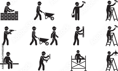 Construction worker silhouettes set, builder icons with ladder drill wheelbarrow painting tools industrial labor vector