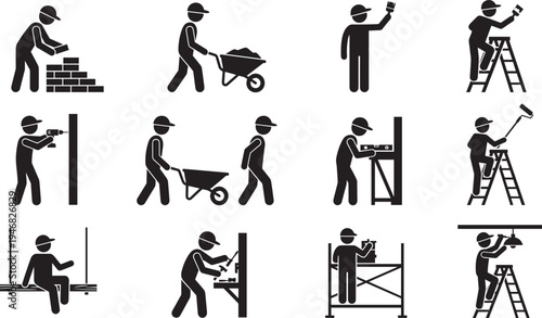 Construction worker silhouettes set, builder icons with ladder wheelbarrow drill painting tools industrial labor vector