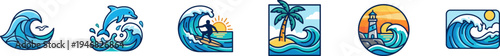 Ocean surf and tropical beach vector icon collection