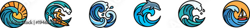 Set of circular ocean wave and surfing vector icons