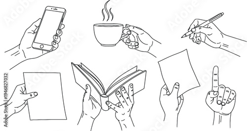 Hands holding various everyday objects