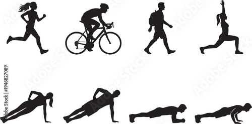 Fitness workout silhouette set, running cycling walking yoga lunge push up plank exercise healthy lifestyle vector