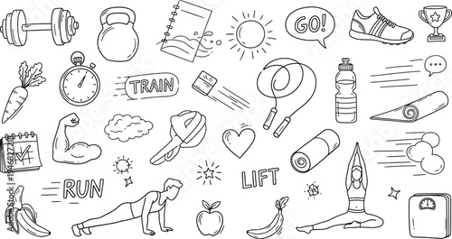 Fitness and exercise icons and objects illustration