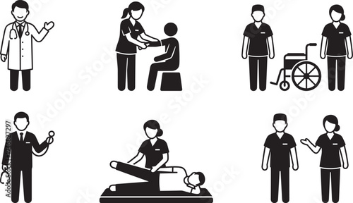 Healthcare medical staff silhouettes set, doctor nurse patient care wheelchair emergency treatment hospital vector illustration