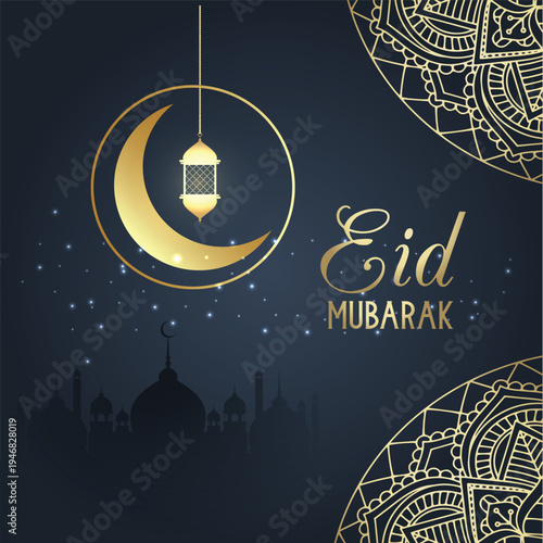 Luxury Eid Mubarak Golden Crescent Moon and Lantern Vector Greeting