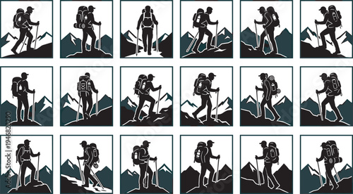 Mountain hiking silhouettes set, backpacker trekker climbing mountains adventure trekking outdoor explorer vector collection