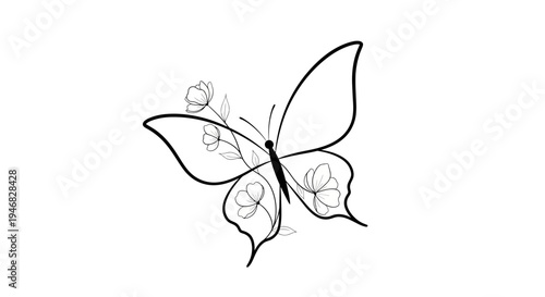 Elegant Butterfly and Floral Outline Drawing, Delicate Vector Illustration