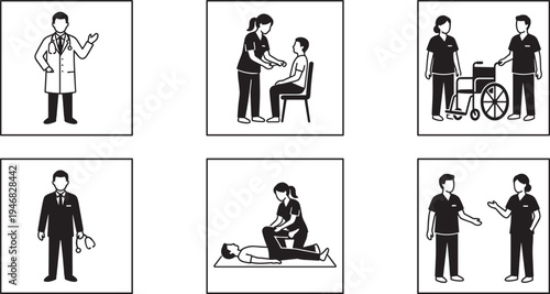 Medical staff and healthcare workers silhouettes set, doctor nurse patient care hospital treatment vector illustration