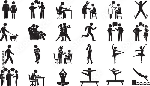 People daily activities silhouettes collection, lifestyle communication sports dancing yoga running doctor consultation work icons