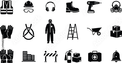 Essential construction and workplace safety equipment icons set including protective gear, tools, emergency response items, and industrial symbols for occupational health and hazard prevention