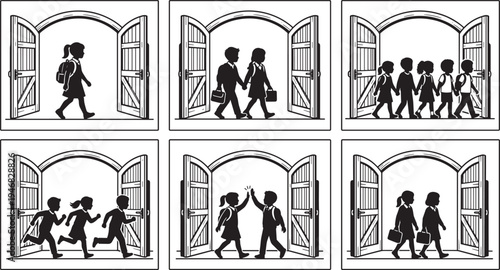 School children entering open gate silhouette set, students walking running high five education vector illustration