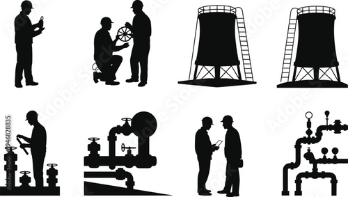 Industrial workers operating valves, inspecting cooling towers, and maintaining complex piping systems in silhouette style, representing engineering, mechanical maintenance, and power plant operations