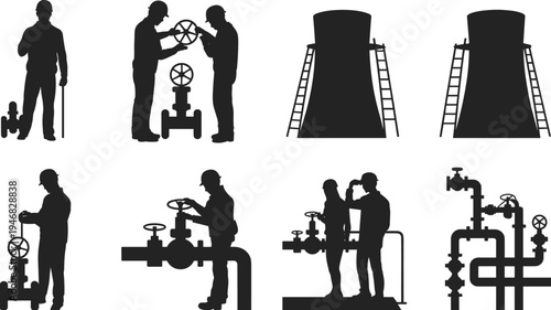 Industrial workers operating valves and inspecting cooling towers with ladders, teamwork in engineering environments, silhouettes of piping systems, oil and 