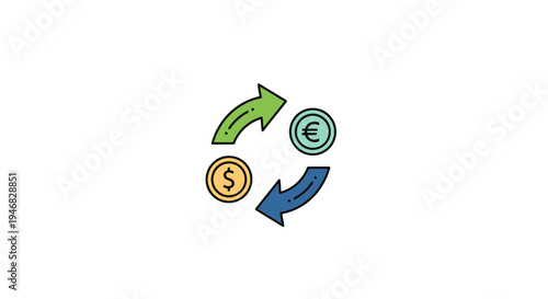 Depiction of currency exchange process involving us dollars and euro coins in a cycle