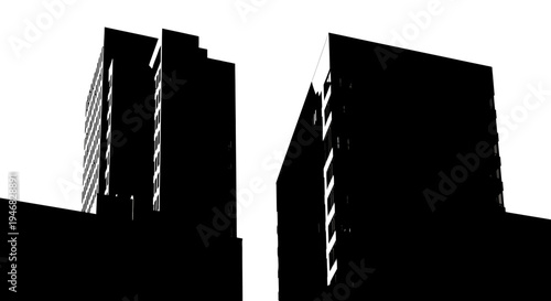 Dramatic monochrome view of towering buildings against a clear white sky background