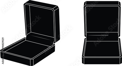 Minimalist black and white jewelry box illustration with hinged lid and cushioned interior, perfect for packaging, retail presentation, product design, and elegant accessory display concepts.