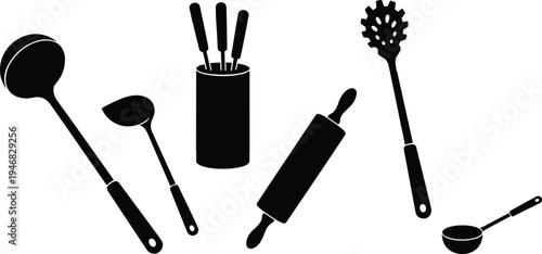 Silhouette collection of essential kitchen utensils including ladle, knives, rolling pin, spaghetti server, and measuring spoon for cooking, culinary design, restaurant, and food preparation concepts