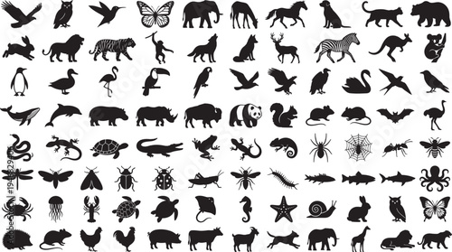 Wildlife animal silhouettes set, mammals birds fish insects reptiles nature zoo vector icon collection pack