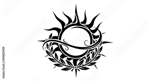 Tribal Sun Tattoo Design with Laurel Wreath - Black and White