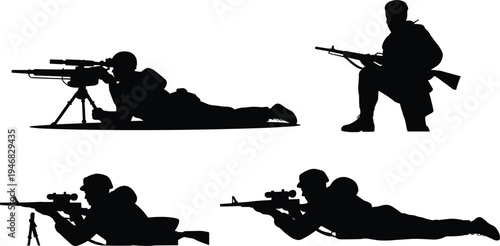 Silhouette illustration of armed individuals in tactical shooting positions including prone, kneeling, and tripod rifle stance, representing military training, combat readiness, and weapon handling.