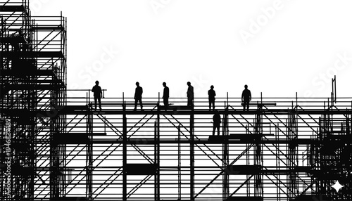 Silhouette of construction workers on scaffolding at building site, teamwork and safety coordination during industrial development, urban architecture framework under progress, engineering labor scene
