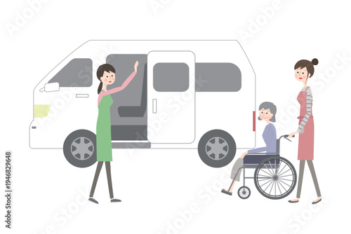 車椅子のシニア女性の送迎をする福祉車両