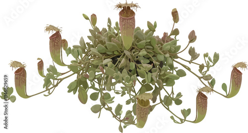 Overhead view captures a hanging carnivorous pitcher plant species known for its unique modified leaves trapping insects for sustenance in nature