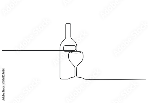 Wine bottle and wine glass continuous line icon a bottle of wine and a wine glass are drawn with vector illustration