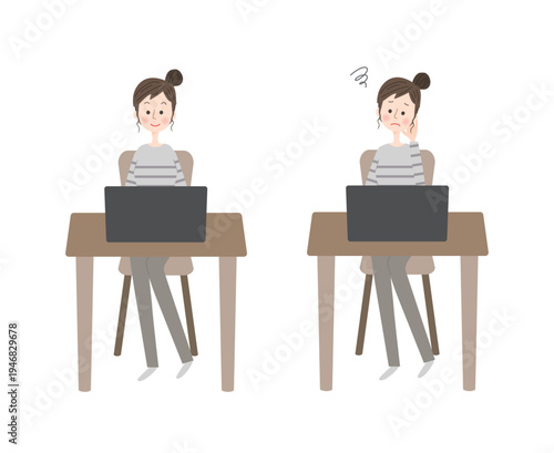 ノートパソコンを使う女性の表情セット